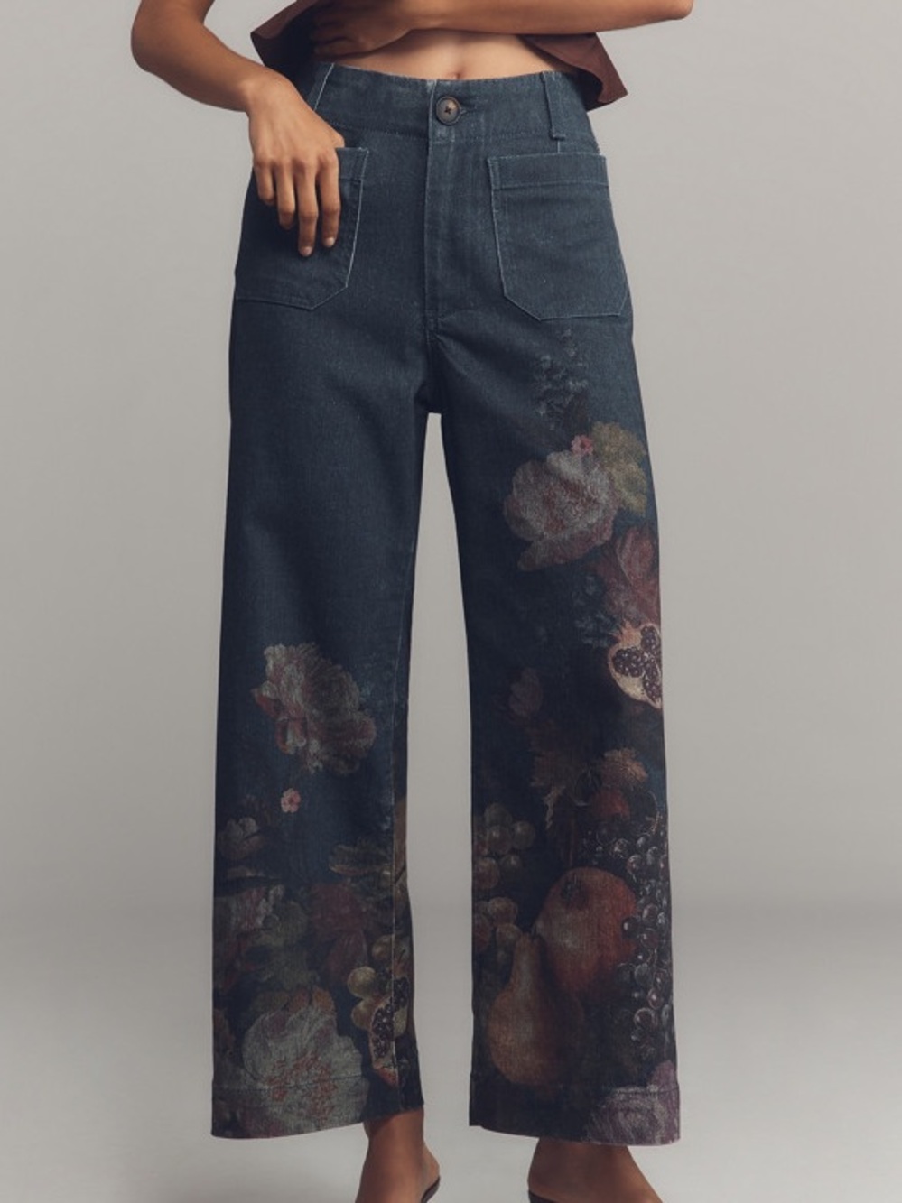 Maeve by Anthropologie Colette Denim Cropped Wide Leg Jeans Size 29 Fruit Print - Picture 2 of 8